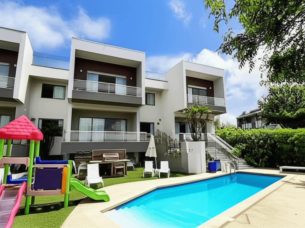 Townhouse complex with a pool and a play area